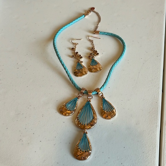 Guess Necklace Earring Set Turquoise Copper Rope Dangle Mixed Media Teardrop 19” - Picture 1 of 8